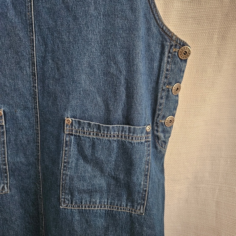 Vintage Denim Jumper Dress Women M Side Buttons 100% Cotton Midi Pinafore - Picture 3 of 7